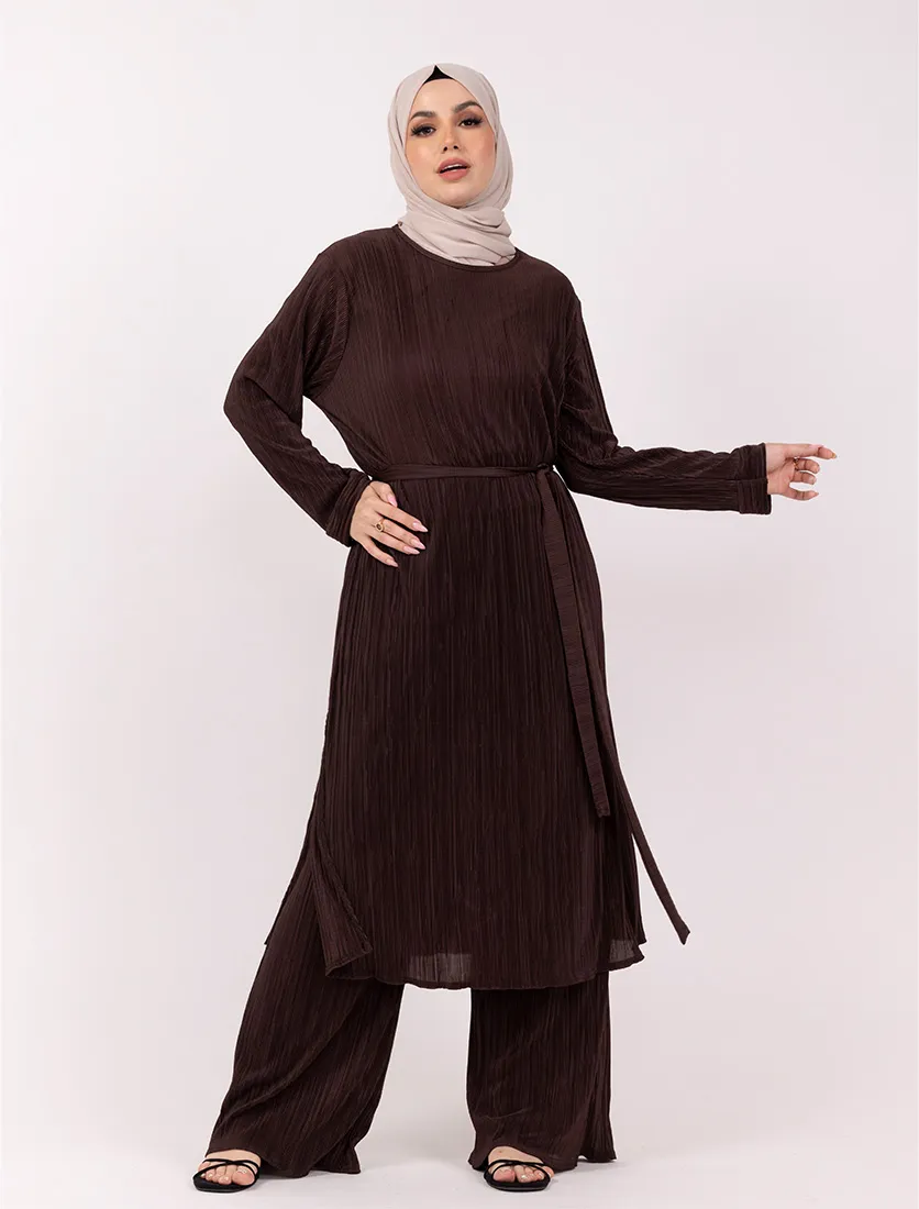 Brown Long Plisse Co Ord